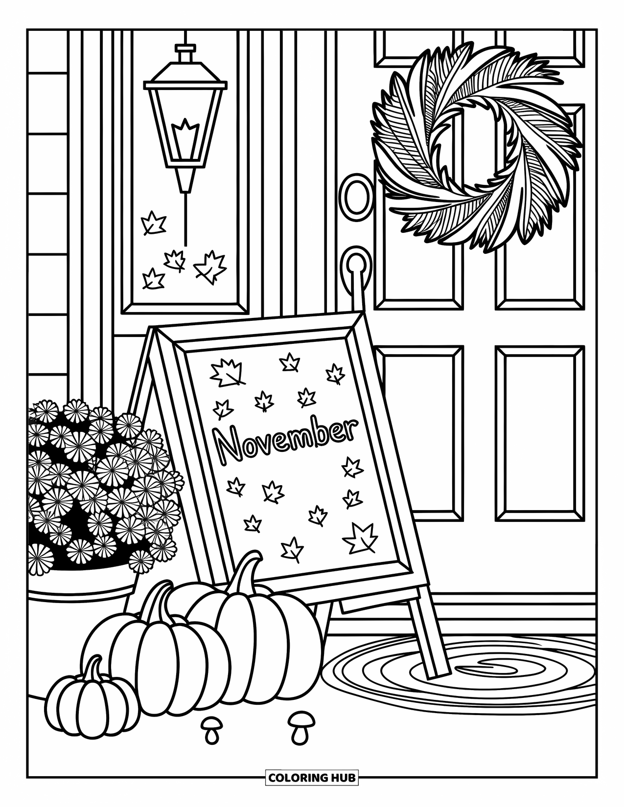 November Coloring Page for Adults: A porch scene with a curly November sign, lantern, and stacked pumpkins
