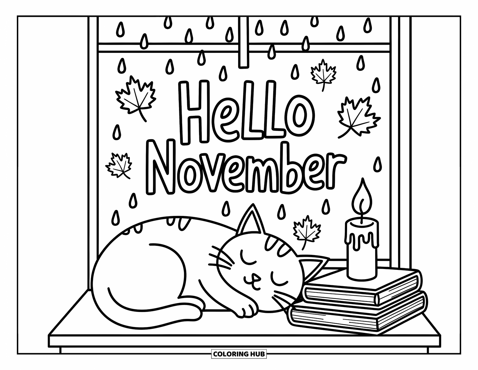 November Coloring Page for Adults: A sleepy cat rests by a candle and books under a cozy Hello November sign
