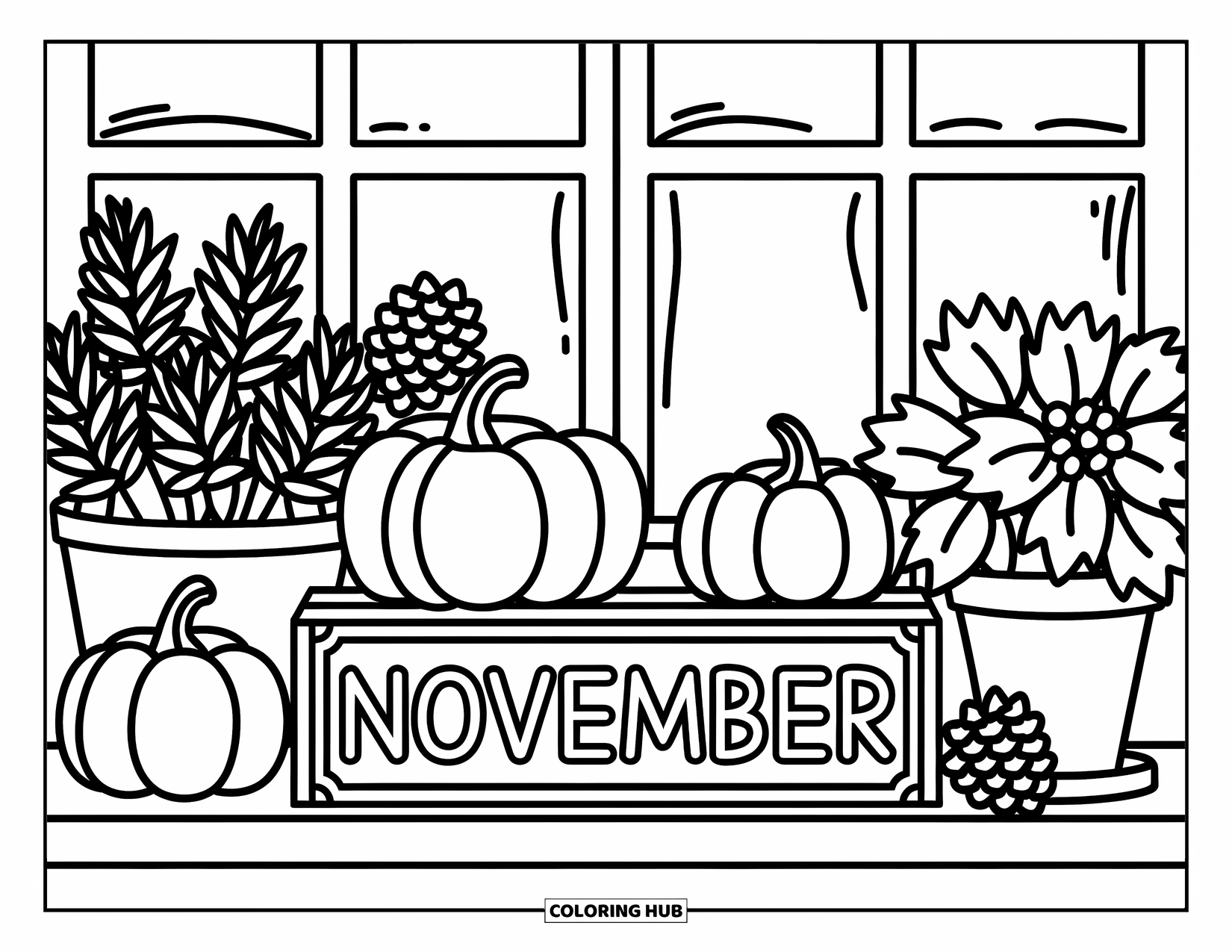 November Coloring Page for Adults: A sweet November display with herbs and mini pumpkins on a windowsill