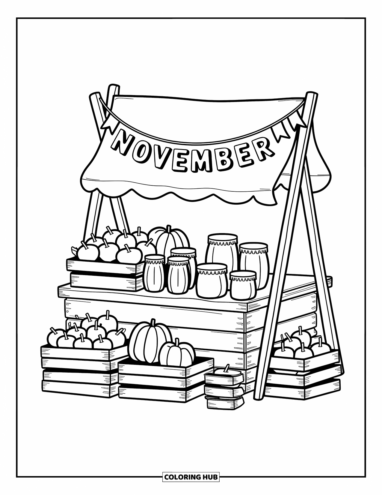 November Coloring Page for Adults: Apples and squash line a rustic stall topped with a wooden November sign