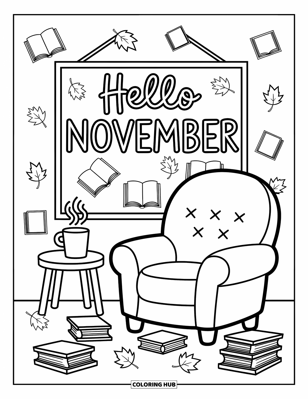November Coloring Page for Adults: Books surround a cozy chair with a steaming mug and November wall sign