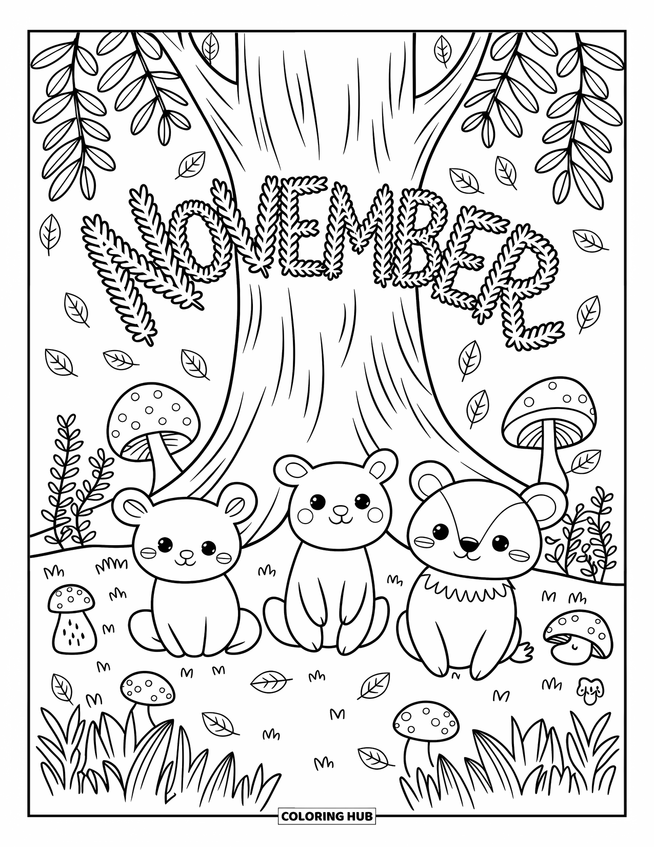 November Coloring Page for Adults: Cute forest animals sit quietly by a tree marked with November and surrounded by mushrooms