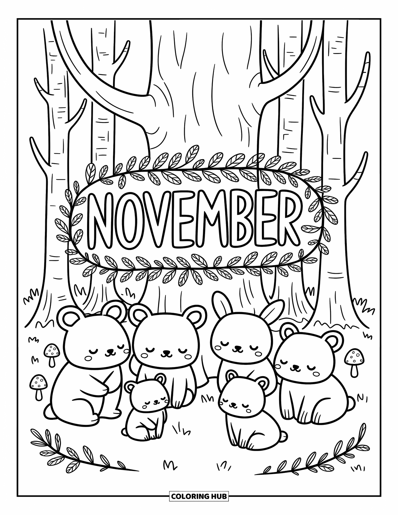 November Coloring Page for Adults: Forest creatures gather near a tree carved with November and framed by ferns