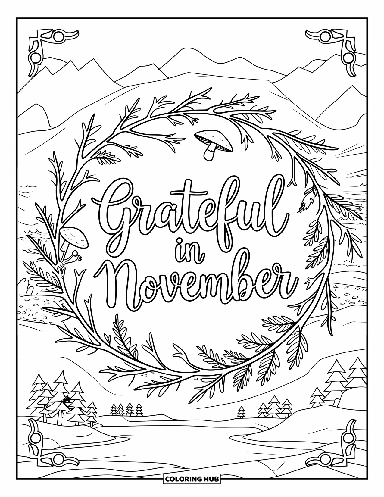November Coloring Page for Adults: Grateful in November is centered in a mandala with a forest mountain backdrop