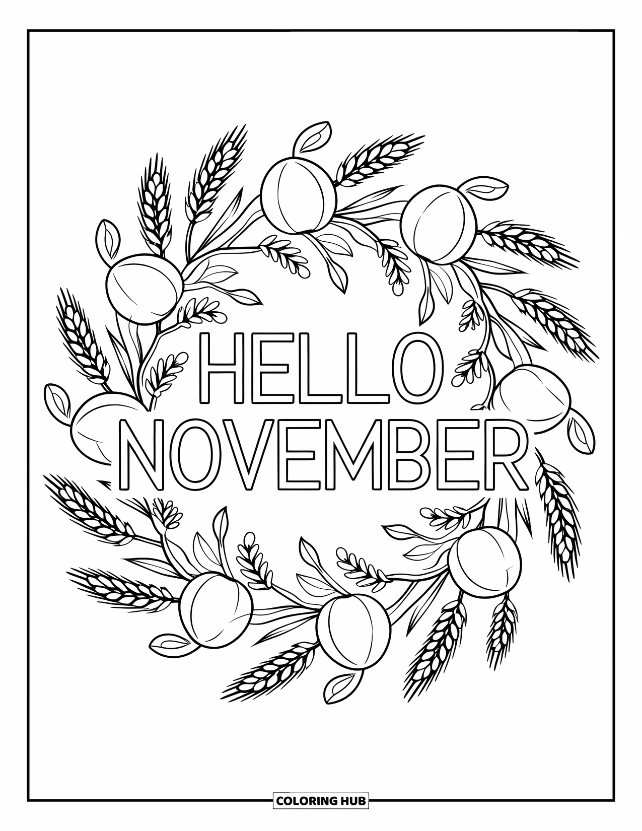 November Coloring Page for Adults: Hello November appears inside a mandala of wheat, cranberries, and gourds