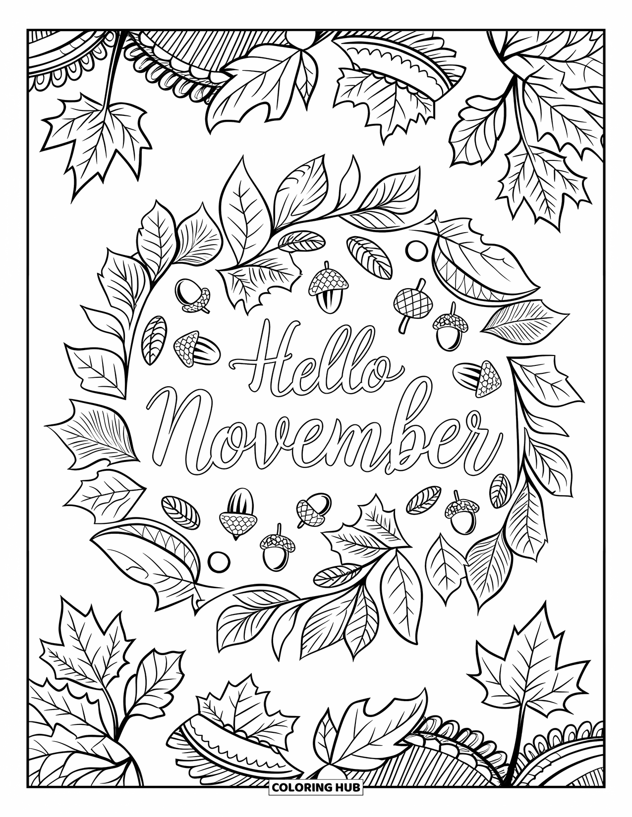 November Coloring Page for Adults: Hello November sits inside a leaf-filled mandala with berries and detailed patterns
