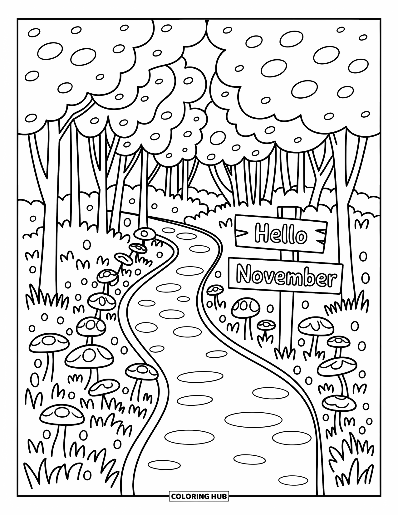 November Coloring Page for Adults: Mushrooms and logs line a trail with a carved Hello November signpost