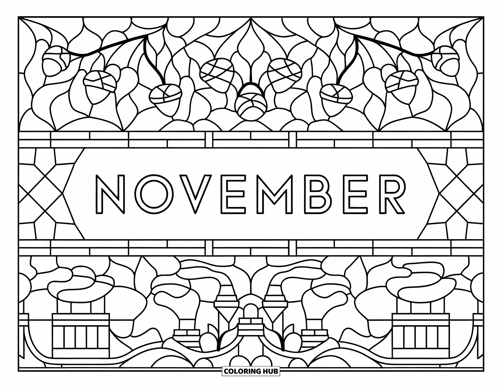 November Coloring Page for Adults: November is centered in a stained glass border with cozy smoke and fall elements