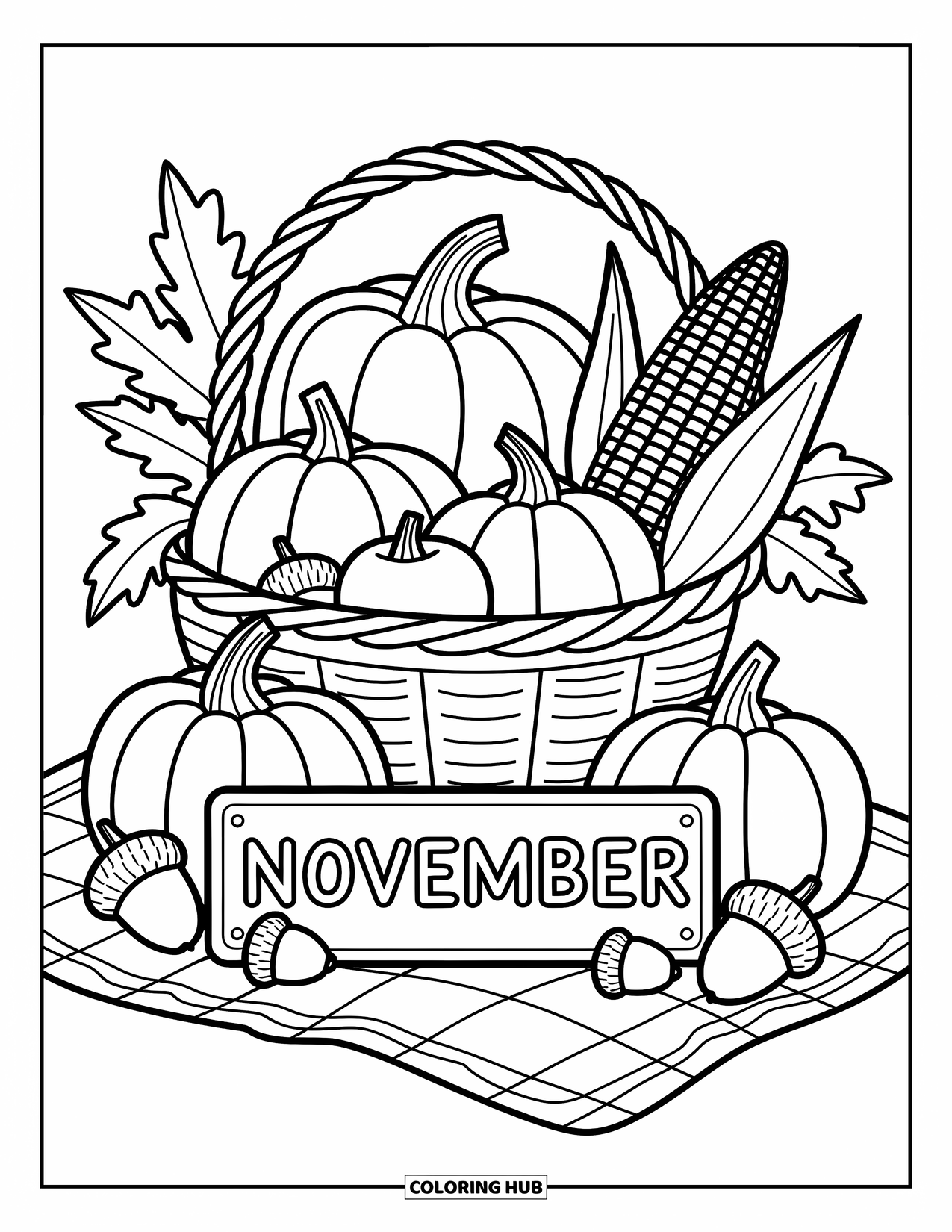 November Coloring Page for Adults: Pumpkins and apples spill from a basket with a wooden November label
