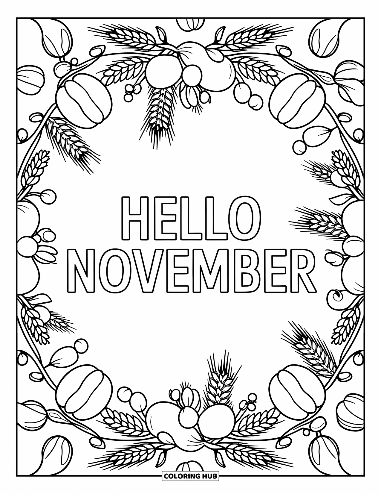 November Coloring Page for Adults: Wheat and gourds surround Hello November in a floral mandala