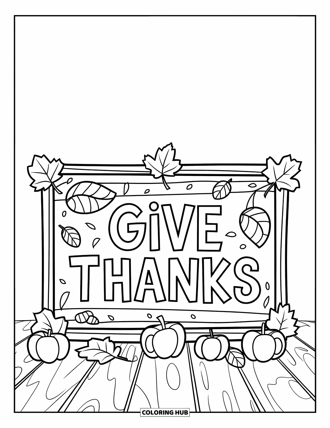 November Coloring Page for Kids: A cheerful "Give Thanks" sign rests among apples under a clear sky
