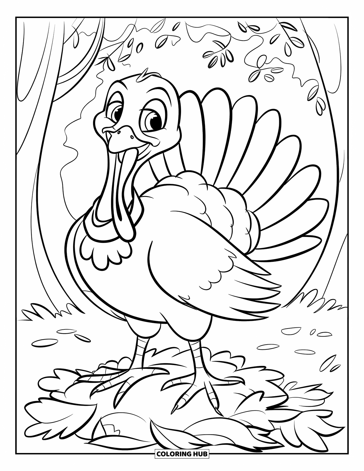 November Coloring Page for Kids: A cheerful turkey with a green scarf stands on crunchy fall leaves