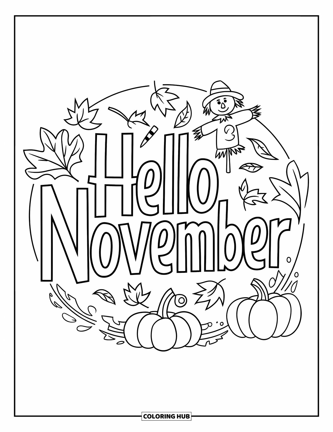 November Coloring Page for Kids: A circle of fall decor surrounds cheerful "Hello November" lettering