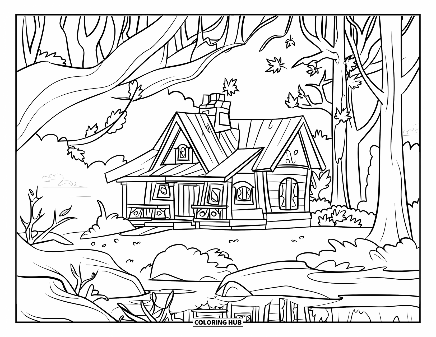 November Coloring Page for Kids: A cozy cabin sits by a lake, surrounded by bare trees and fallen leaves