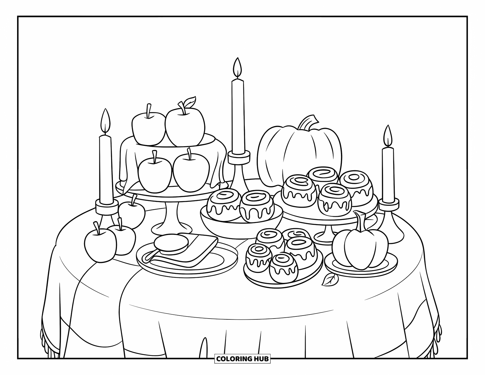 November Coloring Page for Kids: A fall table with apples, rolls, and a soft tablecloth