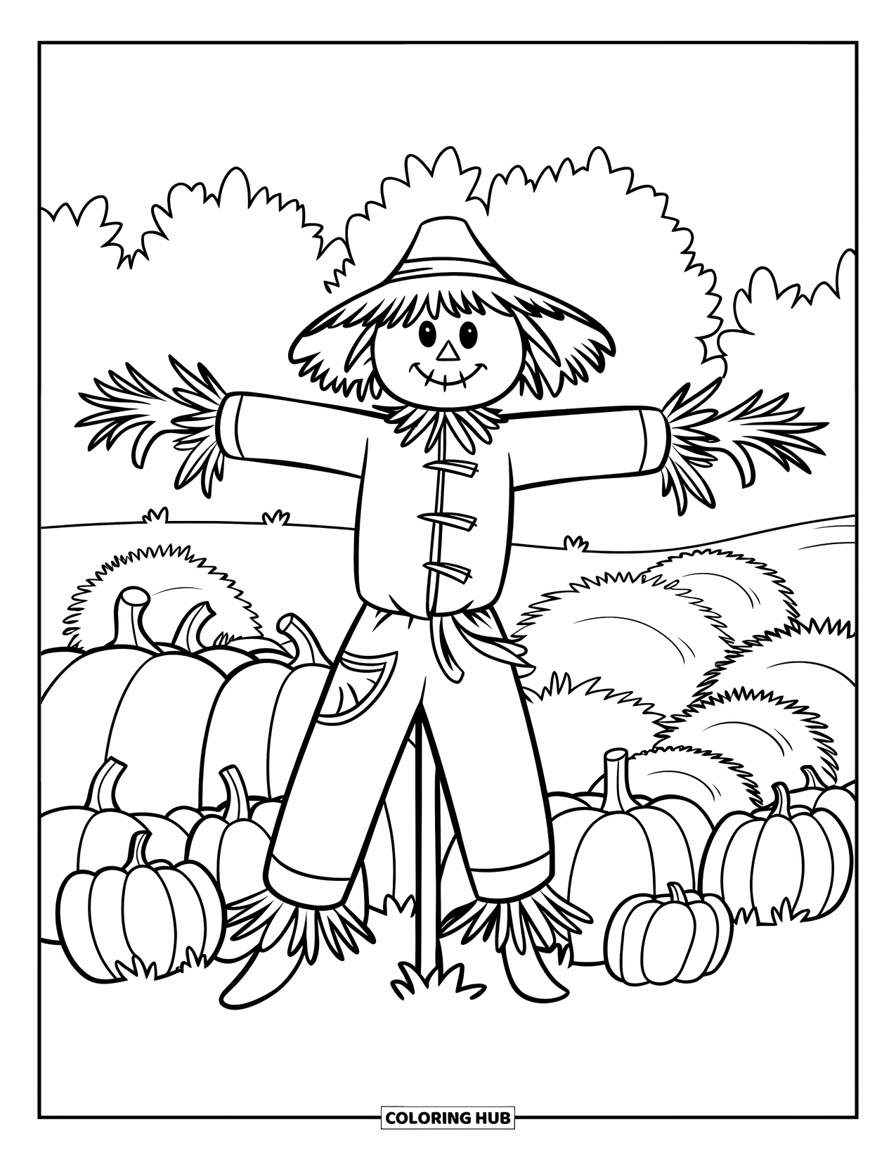 November Coloring Page for Kids: A field scarecrow stands tall among haystacks and scattered pumpkins