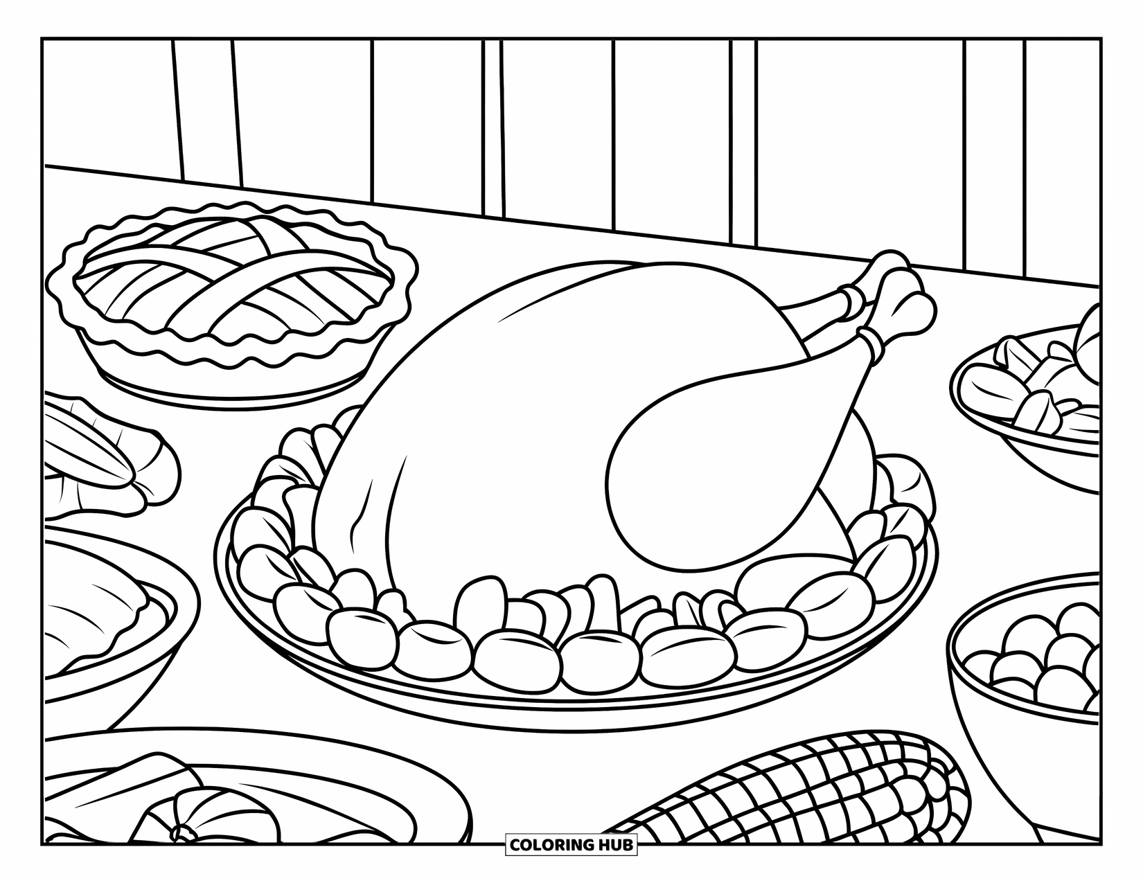 November Coloring Page for Kids: A full table features a turkey, corn, and pie for a preschool feast