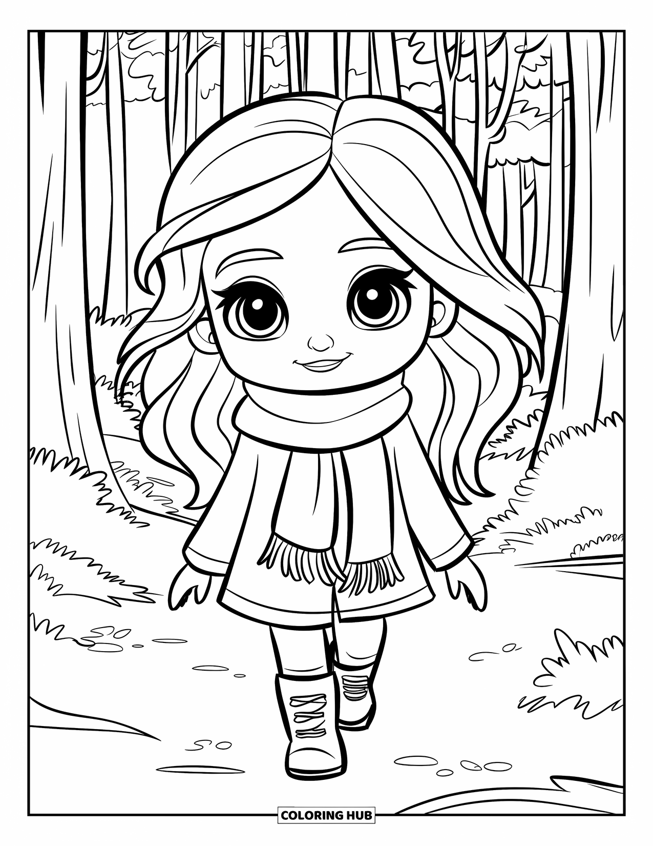 November Coloring Page for Kids: A girl with wavy hair and boots explores a quiet forest in fall