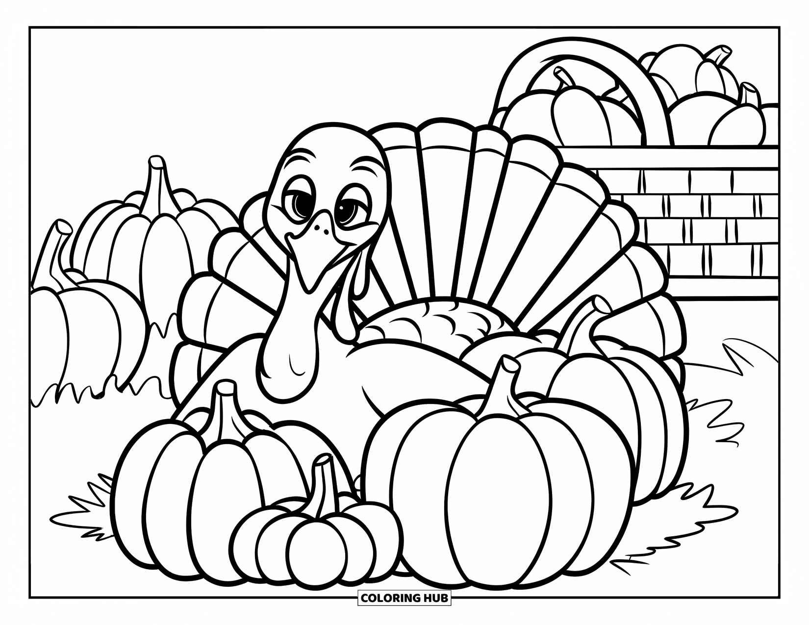 November Coloring Page for Kids: A playful turkey hides behind a pile of pumpkins in a rustic farm scene