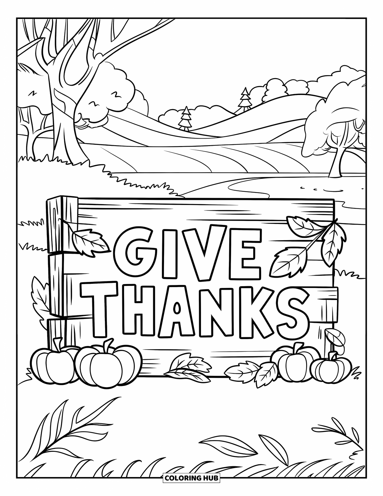 November Coloring Page for Kids: A rustic "Give Thanks" sign sits among leaves near hills and a lake