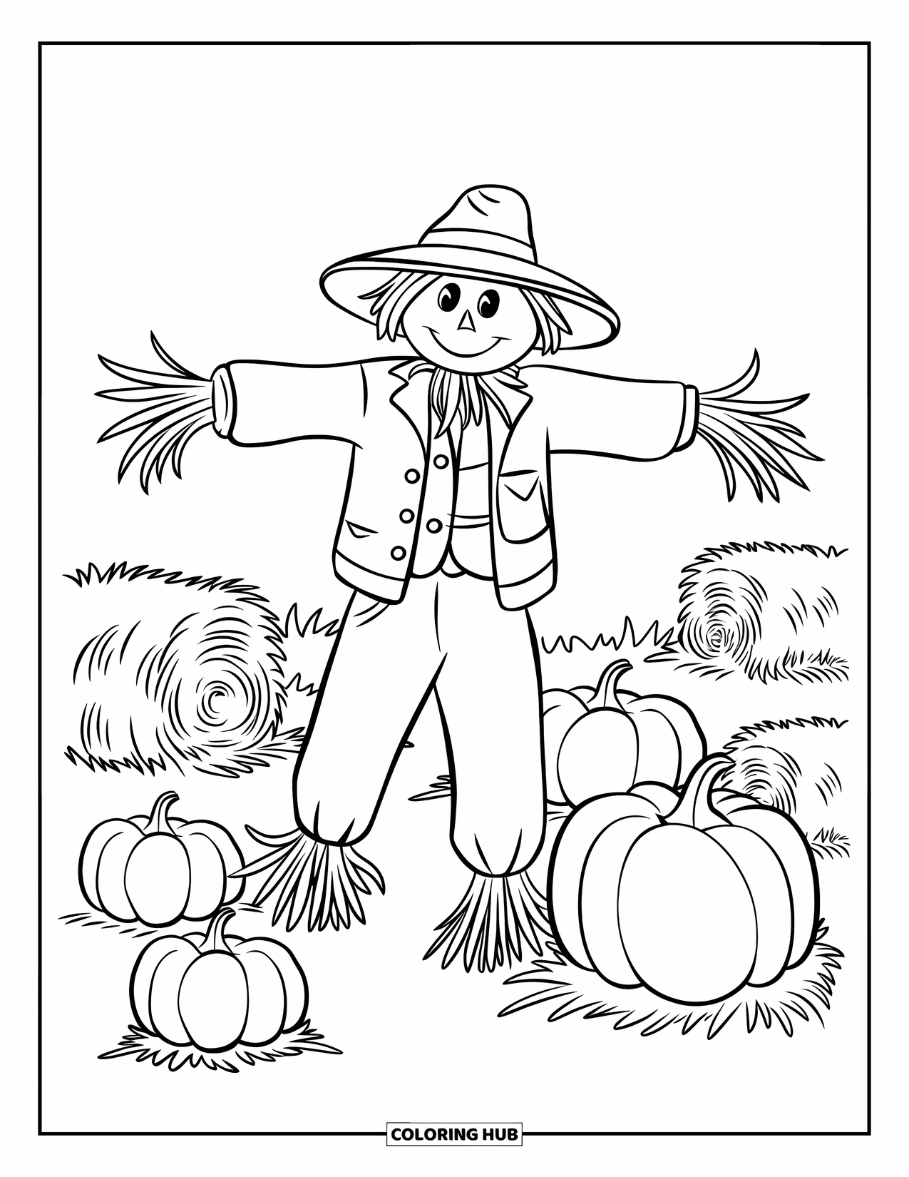 November Coloring Page for Kids: A rustic scarecrow stands in a field of hay and pumpkins