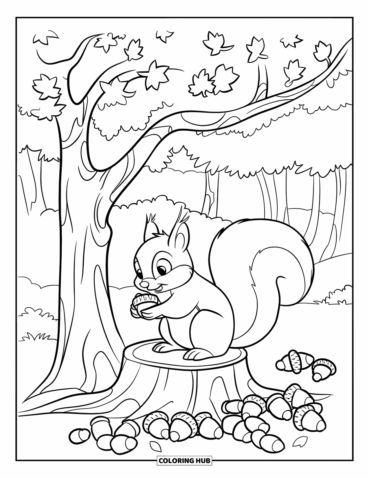 November Coloring Page for Kids: A squirrel clutches acorns on a stump under a leafy fall tree
