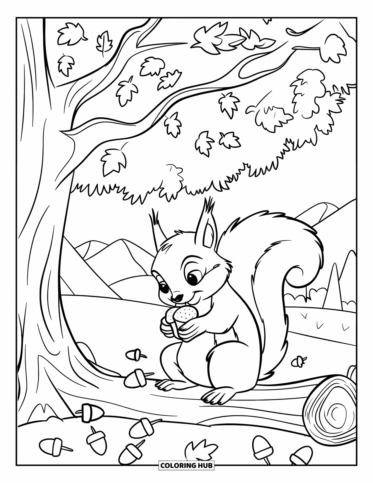 November Coloring Page for Kids: A squirrel sits on a log under a tree filled with autumn leaves