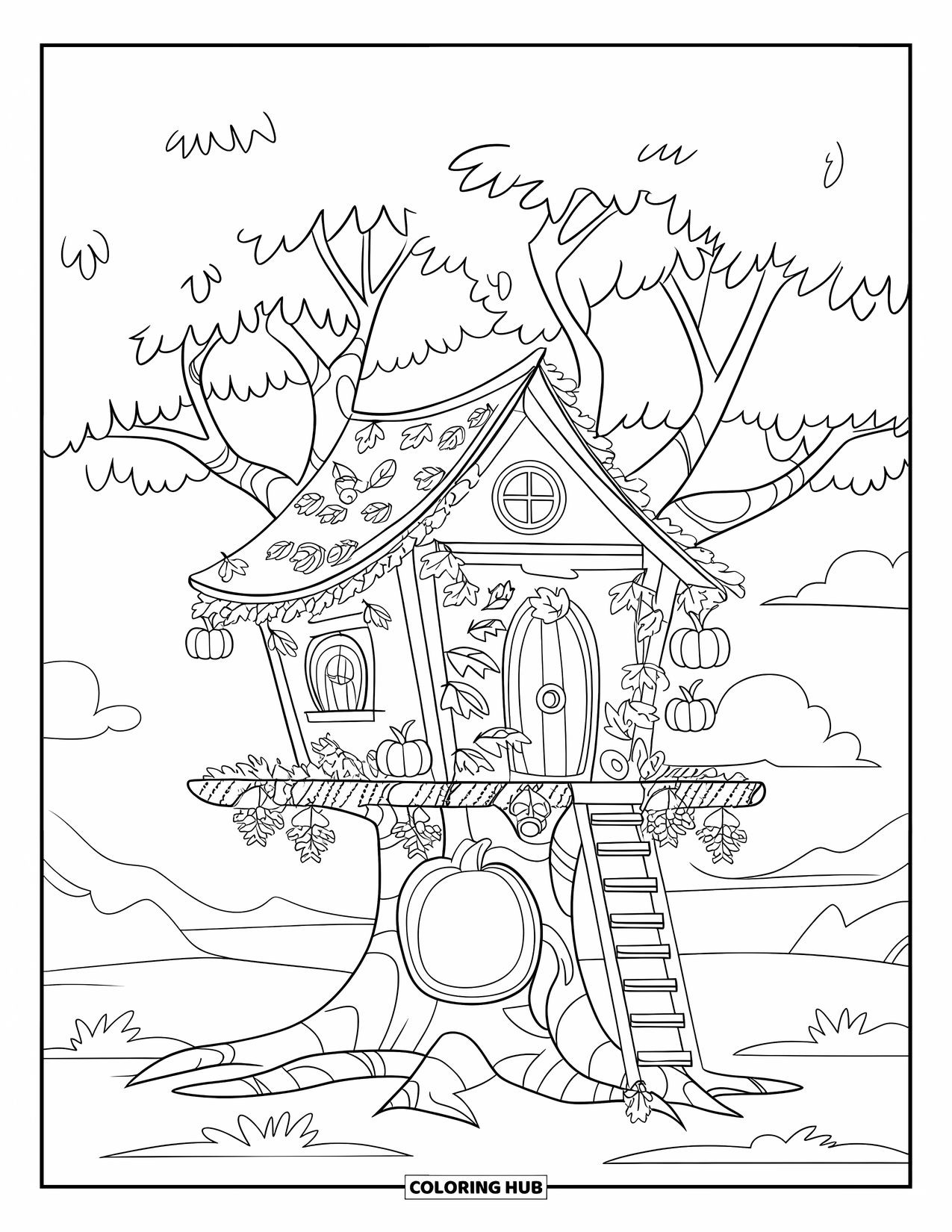 November Coloring Page for Kids: A treehouse decorated with fruits and leaves rests high in a sturdy tree