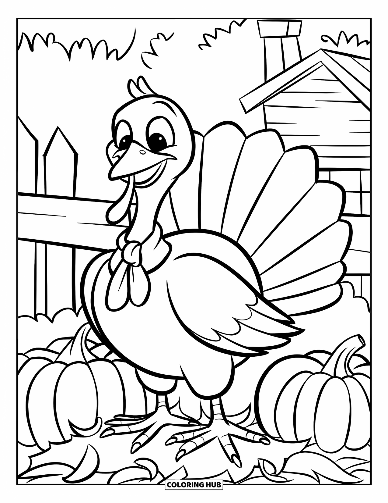 November Coloring Page for Kids: A turkey in a green scarf stands near pumpkins in a cozy farmyard