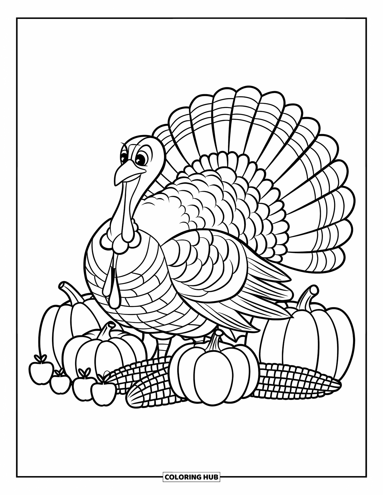 November Coloring Page for Kids: A turkey with fancy feathers stands surrounded by pumpkins and corn