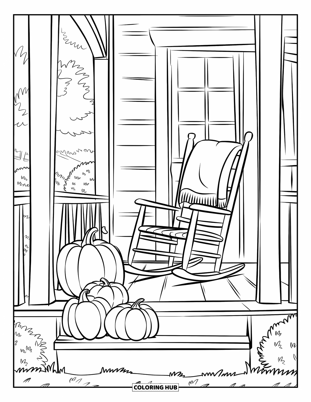 November Coloring Page for Kids: A wooden porch filled with pumpkins, trees, and a draped rocking chair