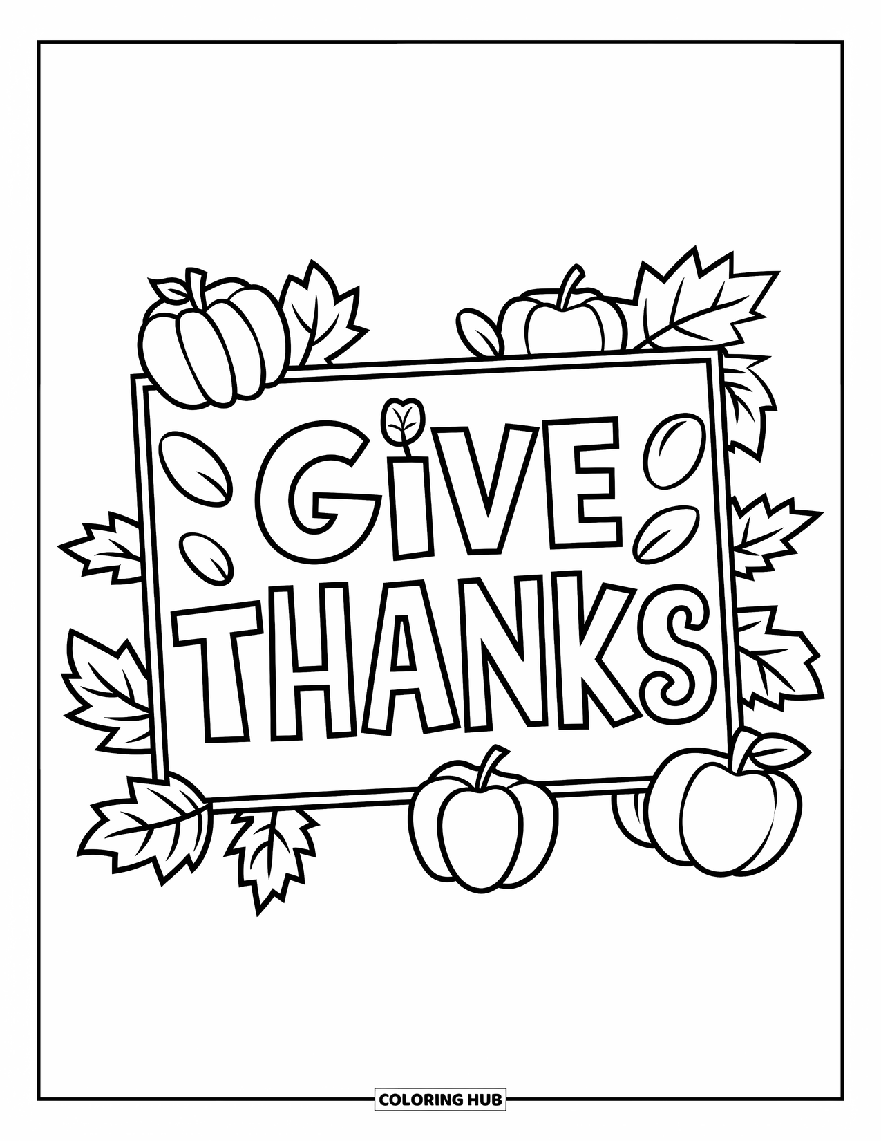 November Coloring Page for Kids: A wooden sign says "Give Thanks" surrounded by apples and fall leaves
