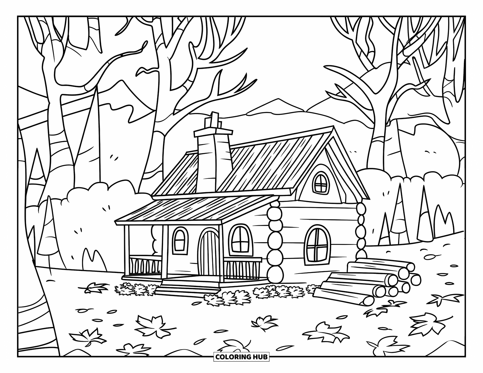 November Coloring Page for Kids: A woodland cabin with a porch and chimney stands near leaf piles and distant mountains