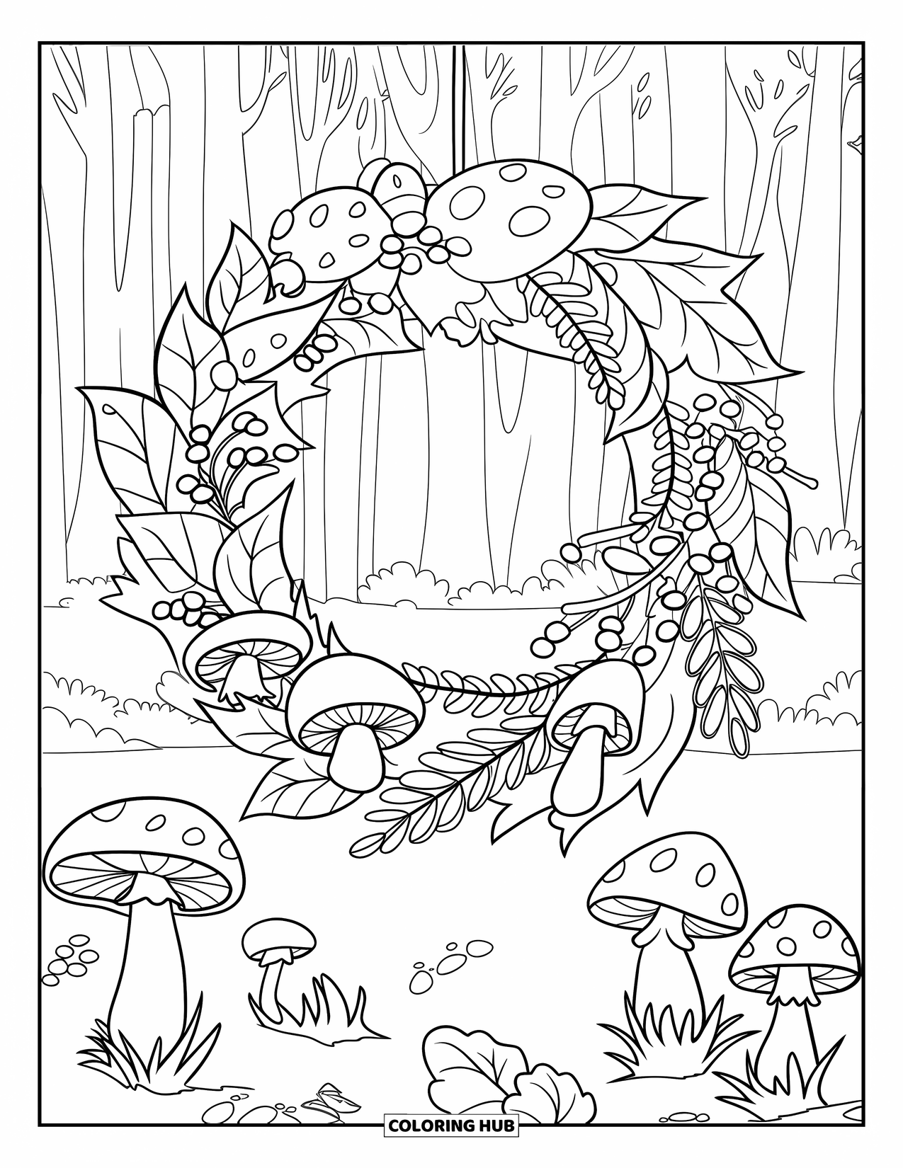 November Coloring Page for Kids: A wreath of fall mushrooms and berries hangs in a quiet forest
