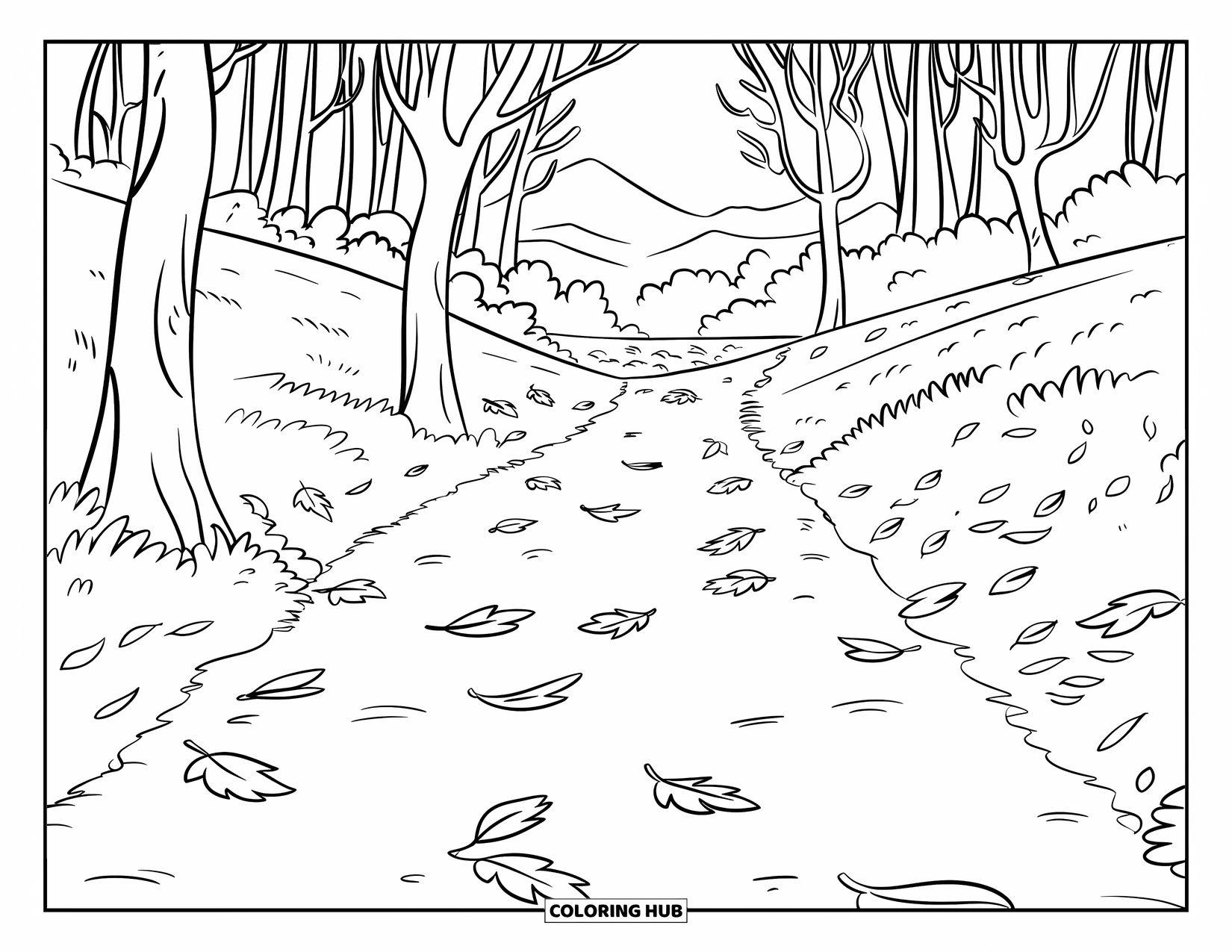 November Coloring Page for Kids: Bare trees and leaf piles line a quiet forest path under a calm sky