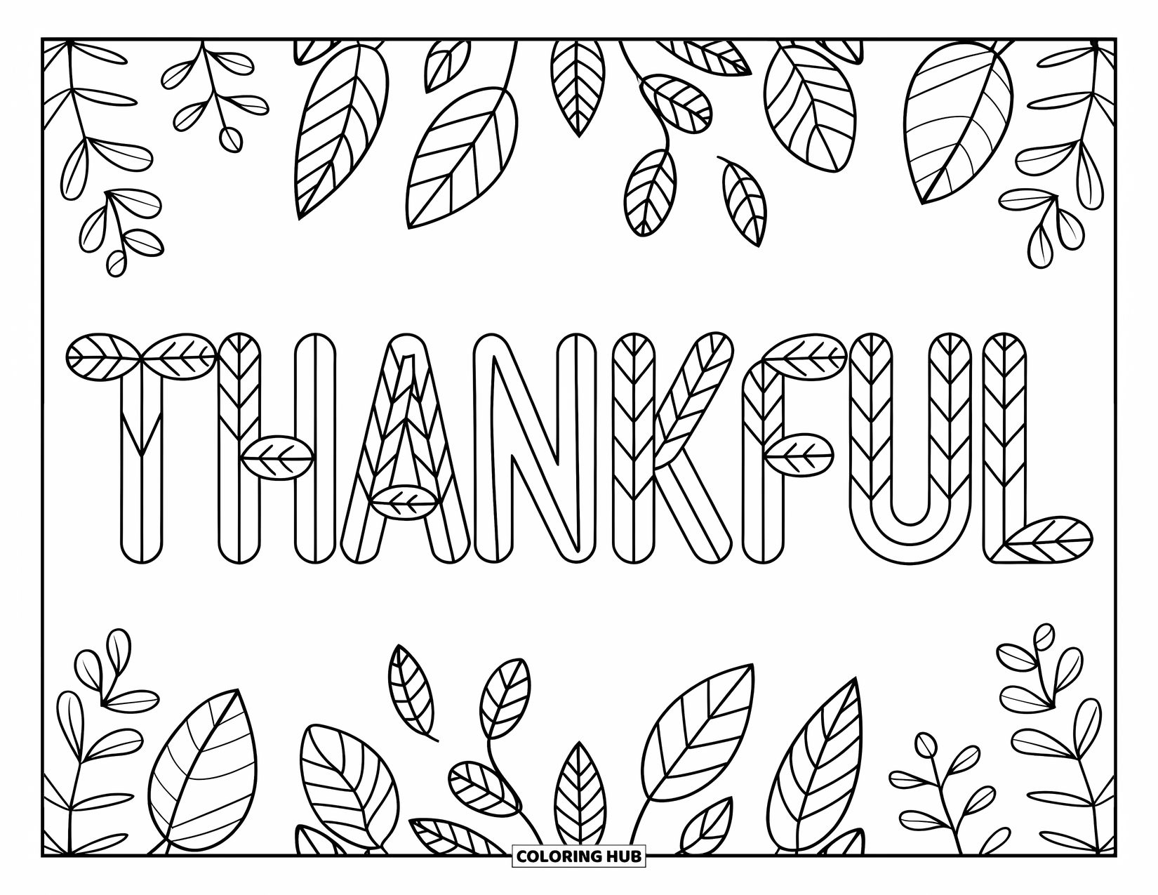 November Coloring Page for Kids: Big letters spelling THANKFUL are surrounded by swirling fall leaves