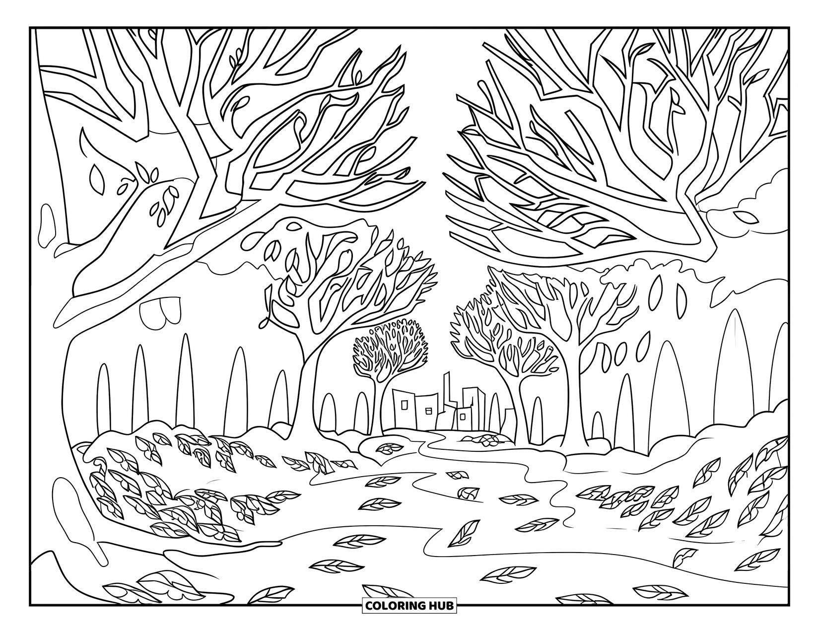 November Coloring Page for Kids: Crisp tree branches line a leafy path with distant buildings in the background