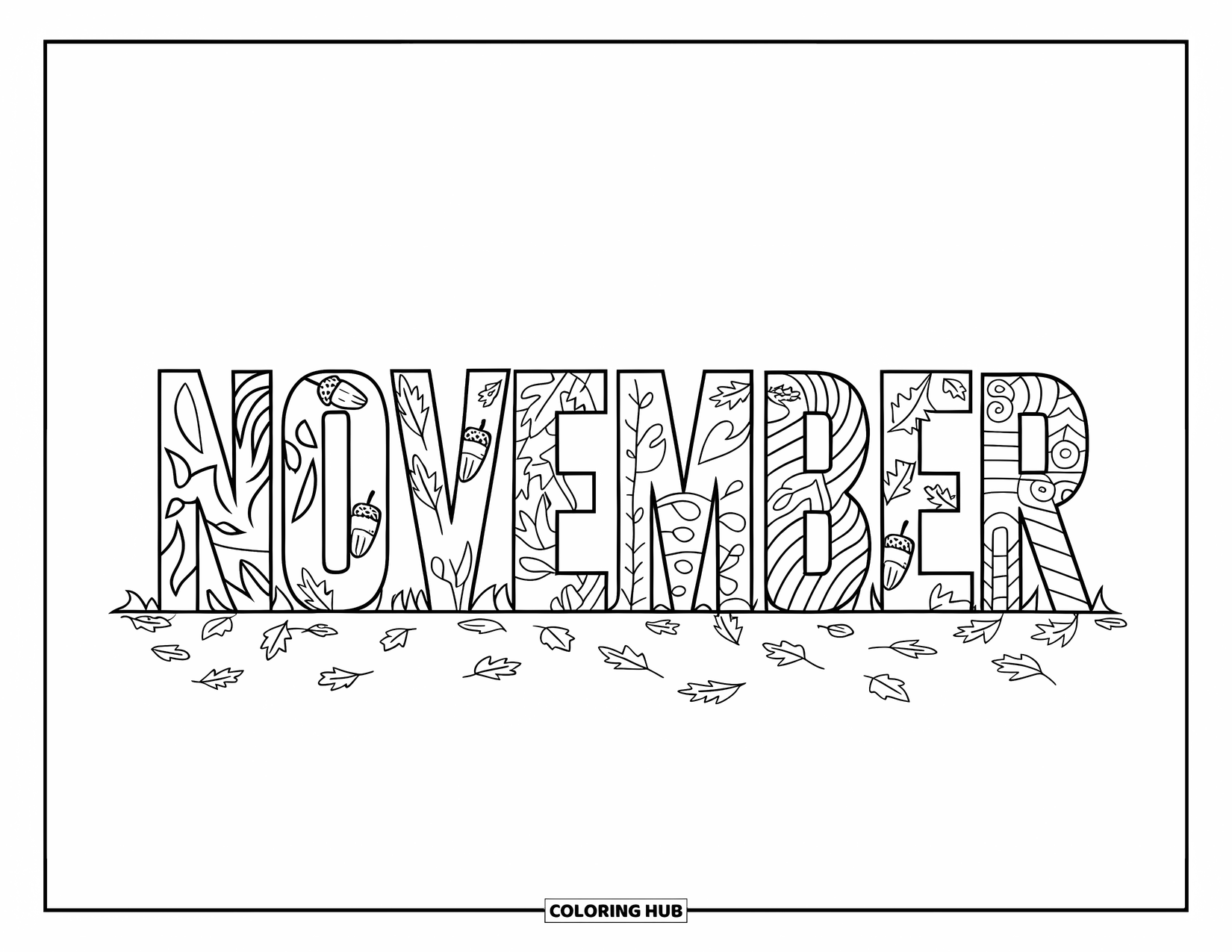 November Coloring Page for Kids: Leaves and wind swirl inside bold November letters with scattered leaves below