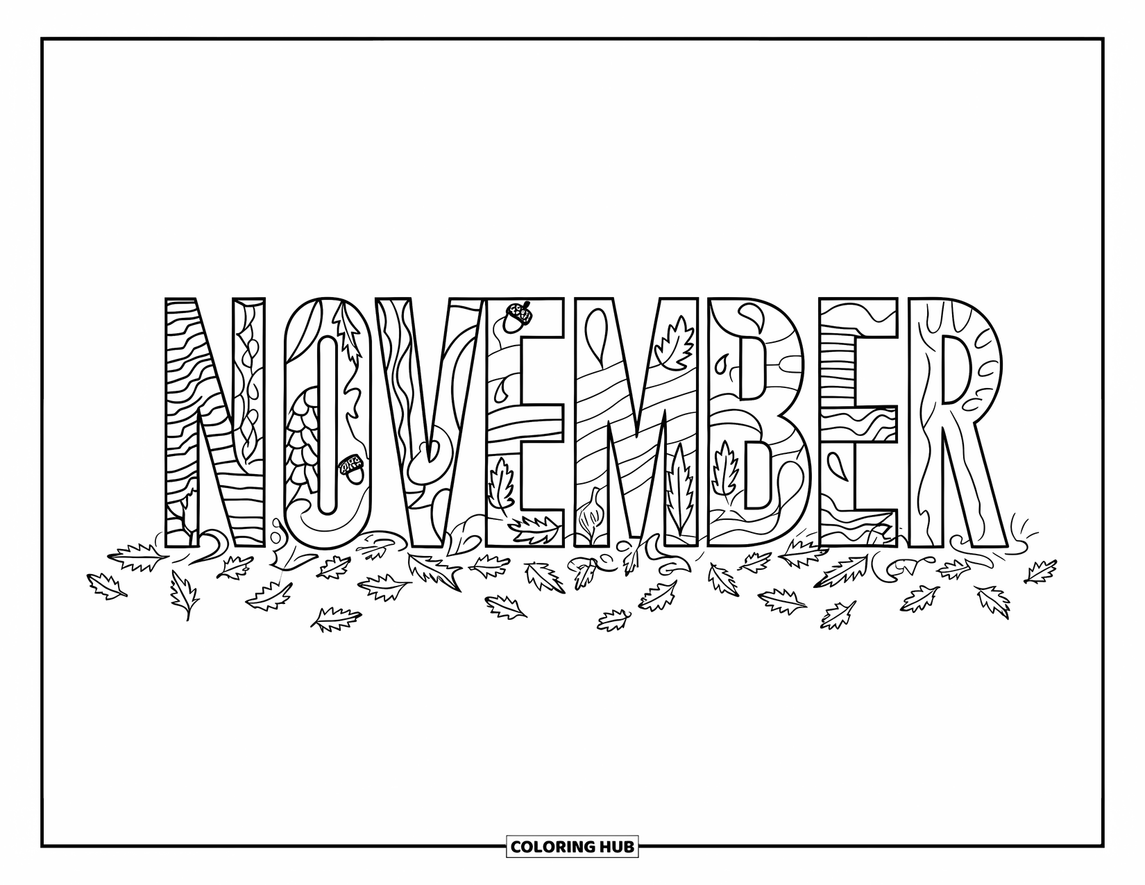 November Coloring Page for Kids: Modern November text filled with swirling leaves, acorns, and autumn wind