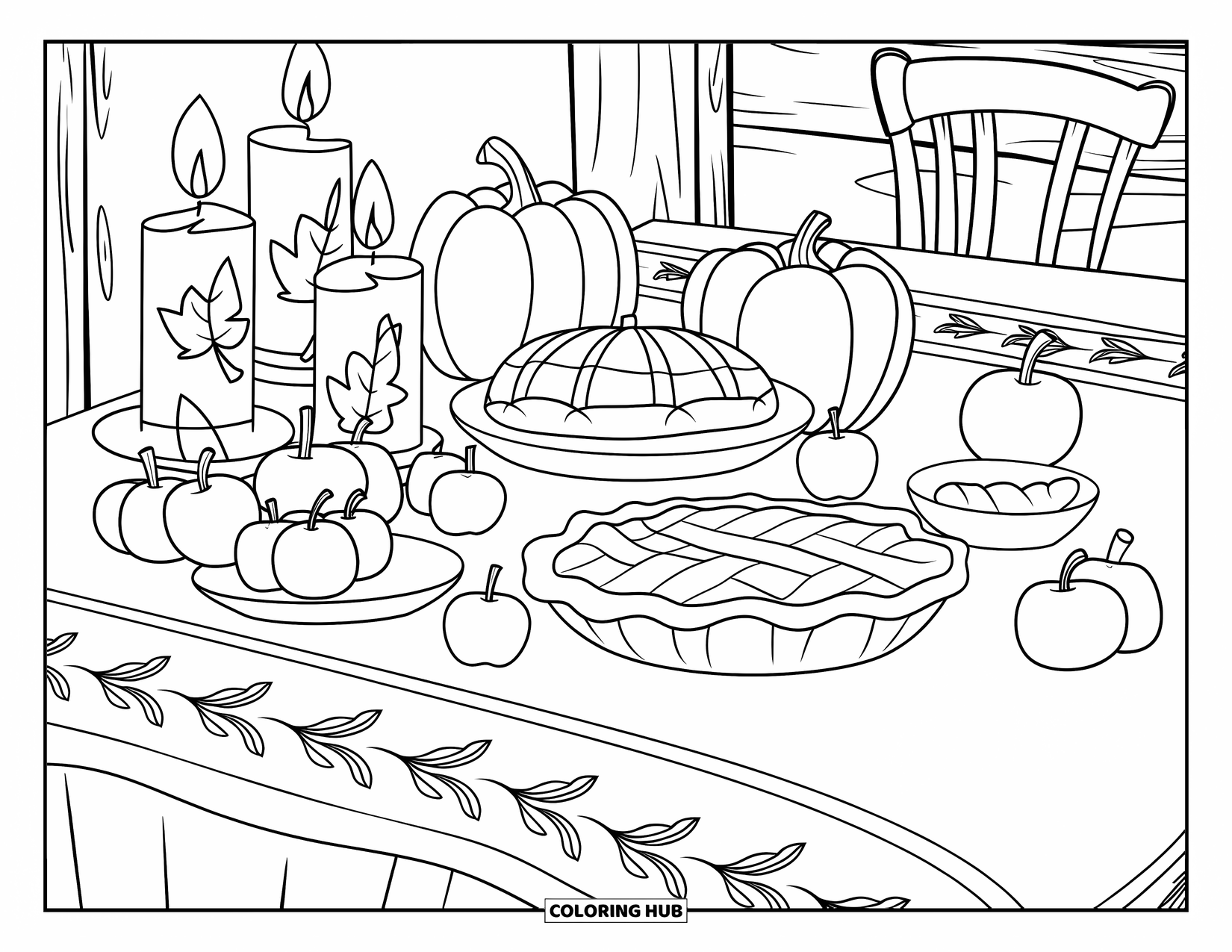 November Coloring Page for Kids: Pumpkins and pies sit on a leaf-decorated table with candles and apples