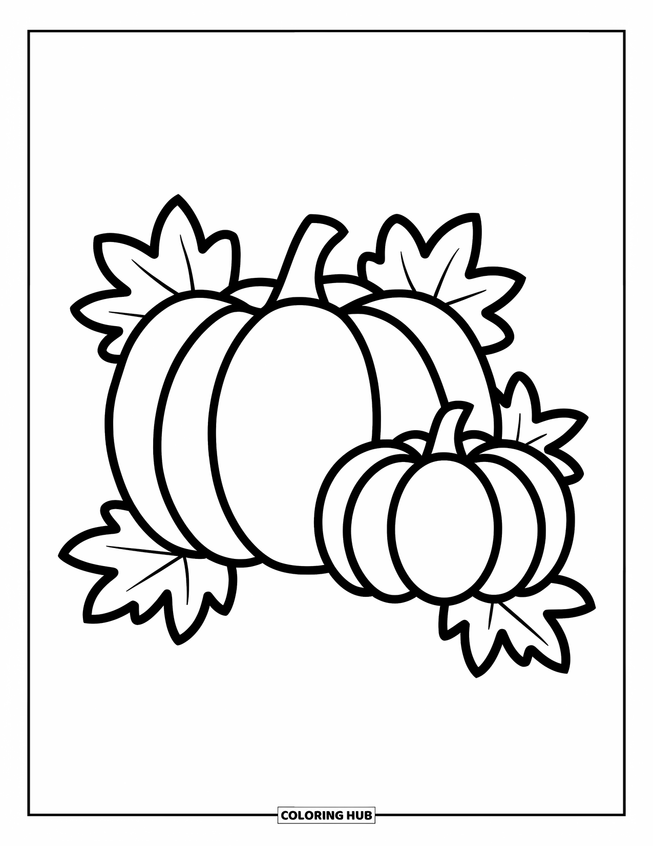 November Coloring Page for Kids: Simple pumpkins with leaves sit happily together for preschool fun