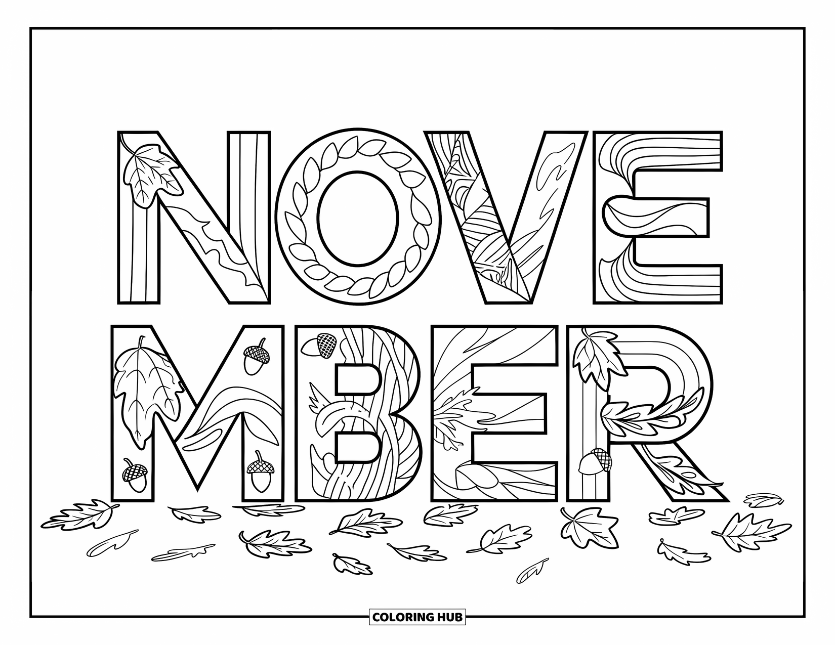 November Coloring Page for Kids: Stylish November letters filled with fall leaves, wind swirls, and scattered foliage