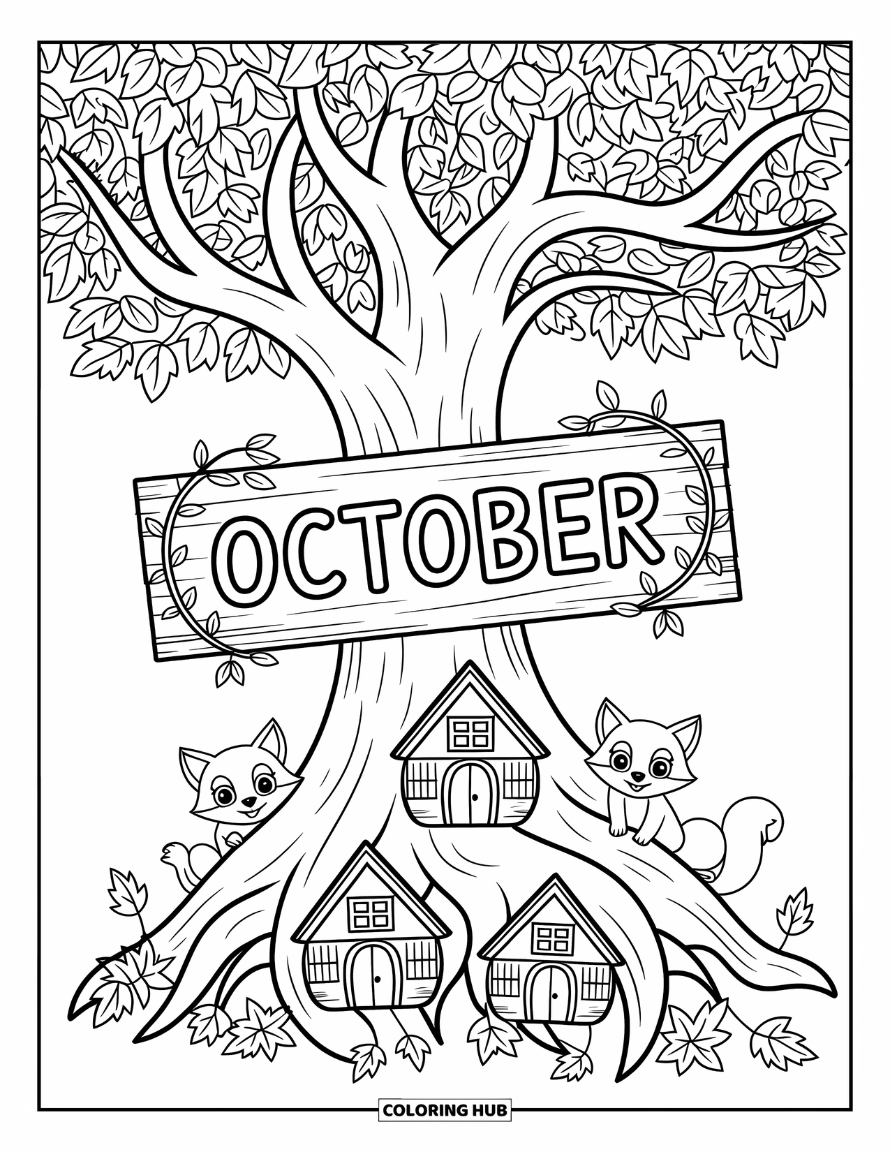 October Coloring Page for Adults: A big tree shelters critter homes with leaves swirling and an October sign on the trunk
