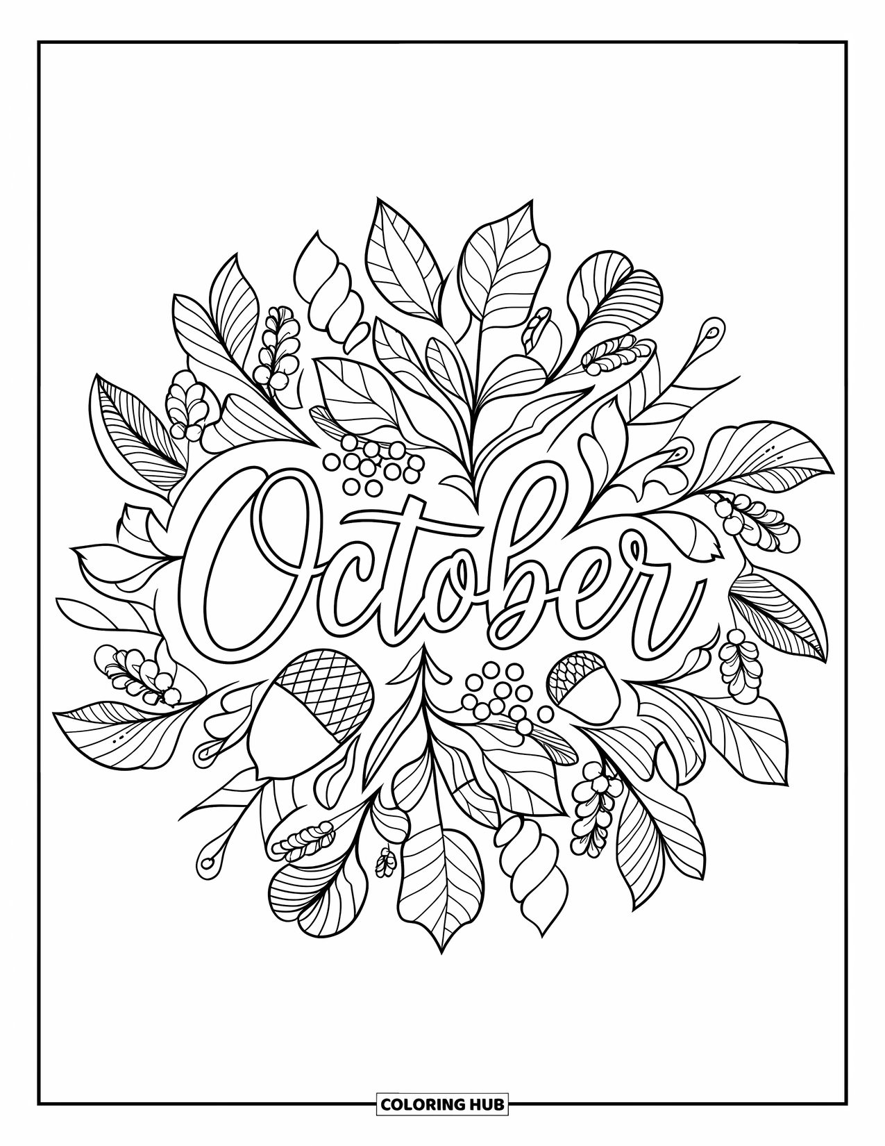 October Coloring Page for Adults: A botanical mandala of fall elements surrounds the word October in elegant script