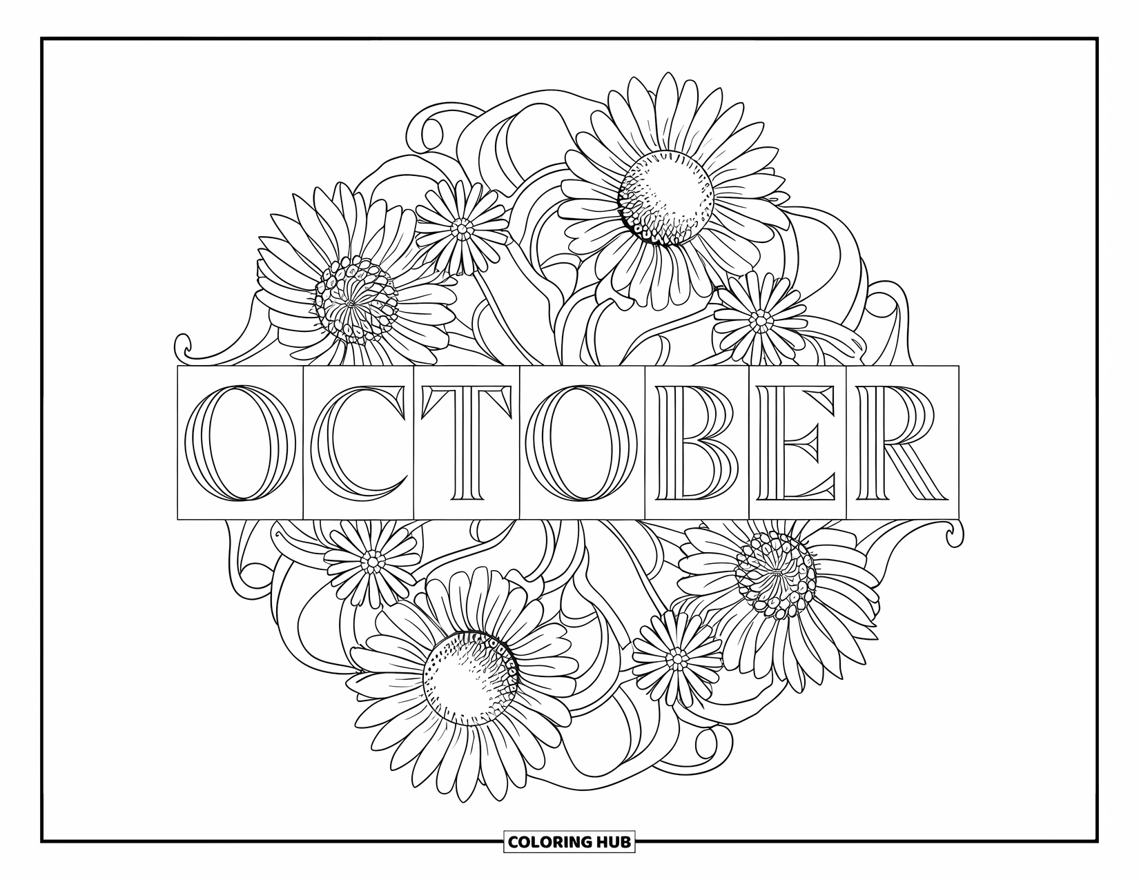 October Coloring Page for Adults: A circle of sunflowers and swirling petals surrounds the word October