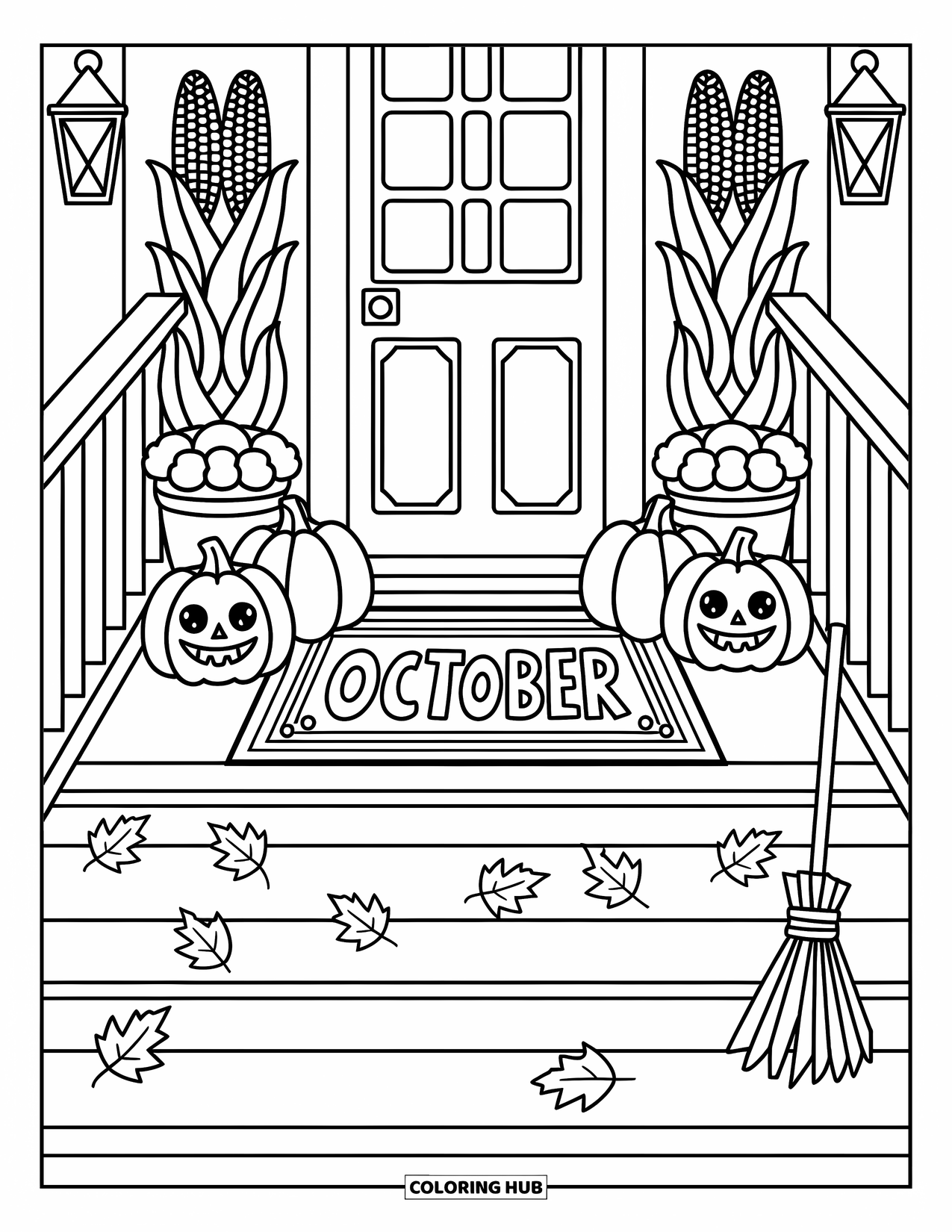 October Coloring Page for Adults: A cozy porch decorated with pumpkins, lanterns, and a welcome mat that says October