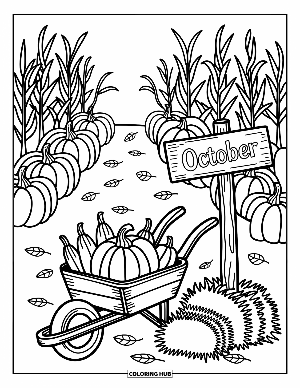 October Coloring Page for Adults: A farm patch filled with pumpkins, corn, and a cheerful October sign near a wheelbarrow