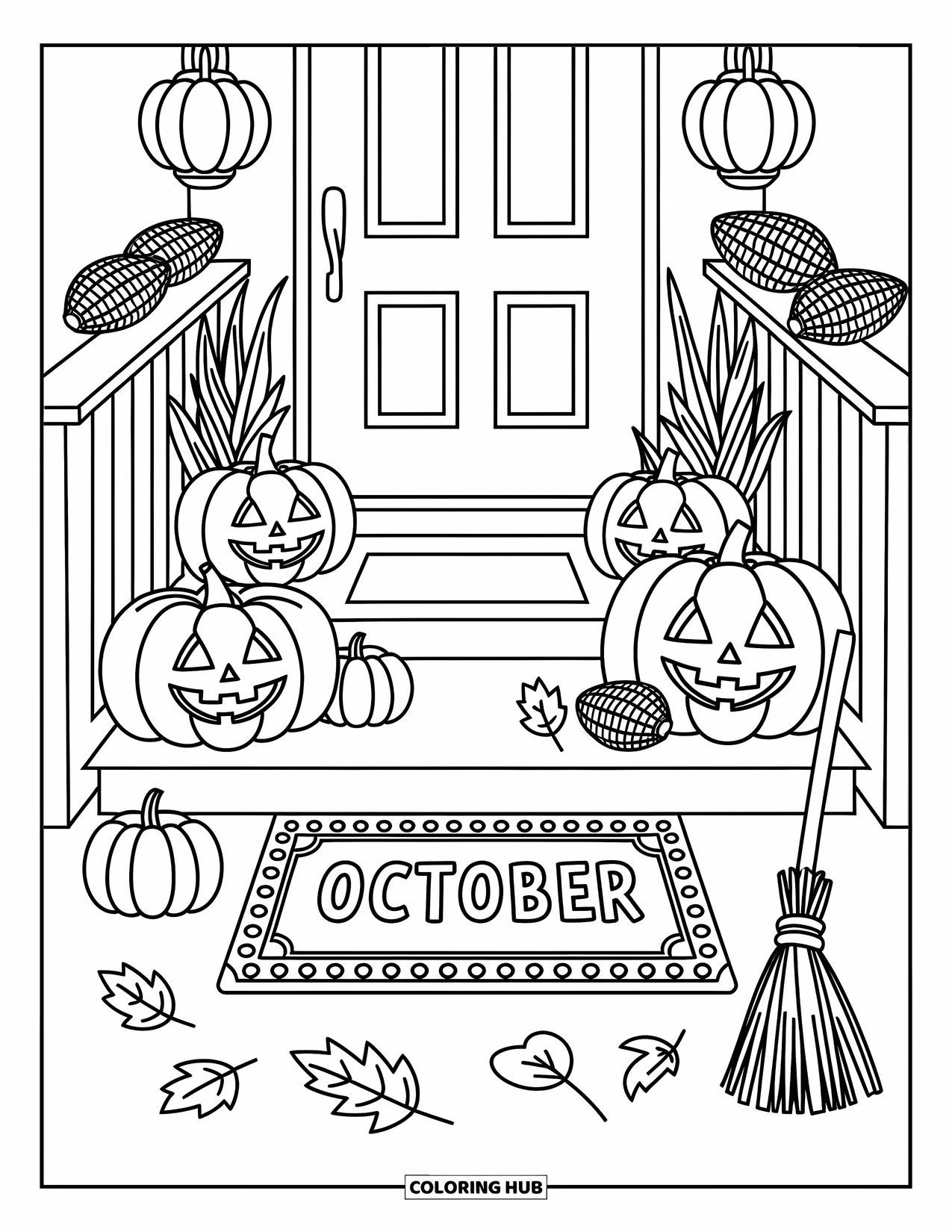 October Coloring Page for Adults: A front porch with pumpkins, lanterns, and a welcome mat that reads October