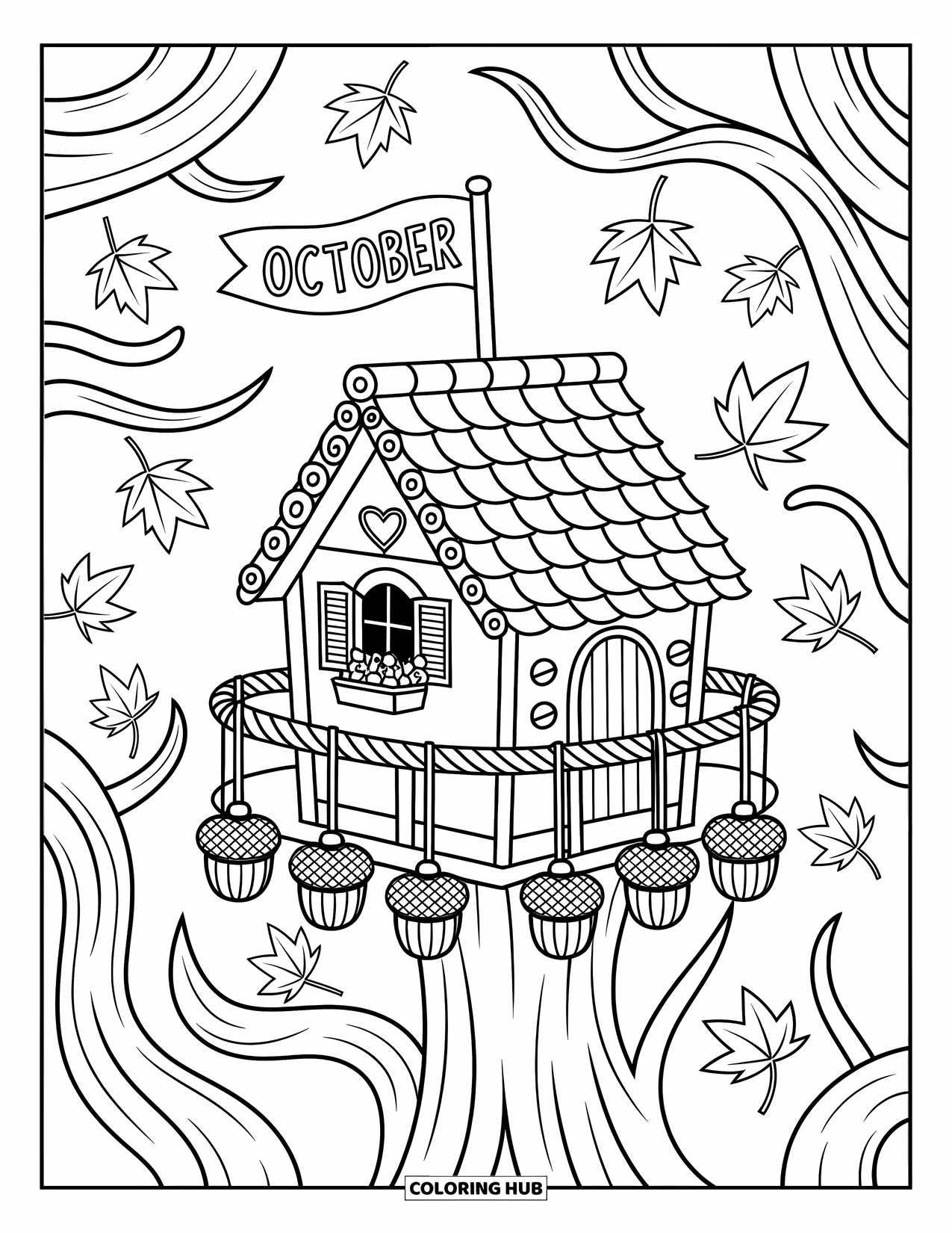 October Coloring Page for Adults: A little treehouse with hanging lanterns and a waving October flag in falling leaves
