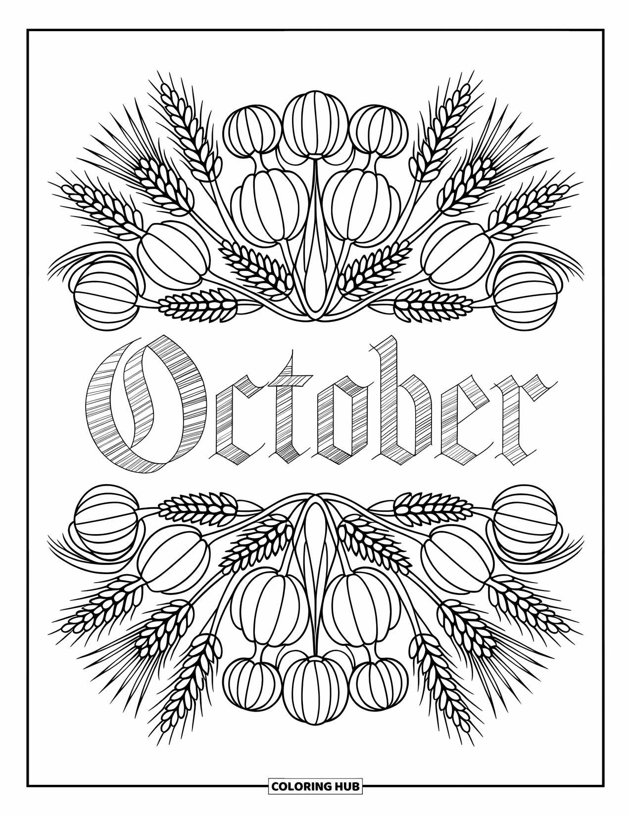 October Coloring Page for Adults: A mandala of wheat and gourds surrounds the word October in vintage calligraphy